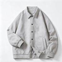 Blouson Bomber Homme en Daim à Col Rabattu, Fermeture Boutons-Pression, Manches Raglan Amples, Résistant au Vent, Vêtement d'Extérieur Quotidien pour l'Automne, avec Logo