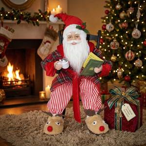 Figura de Papá Noel Navideño con Libro y Taza de Té, Túnica a Cuadros Roja y Pantuflas de Reno, Linda Decoración para el Hogar o Escritorio - Product Image 2