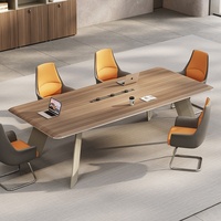Table de conférence rectangulaire en mélamine écologique et durable, finition grain de bois, pour 6 à 20 personnes, idéale pour salle de réunion, bureau ou salle de conseil.