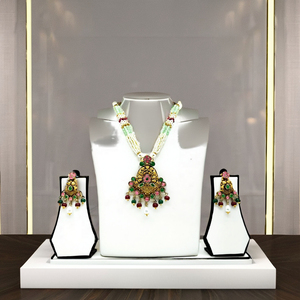 Elegant Silver <b>Beaded</b> Necklace <b>Set</b> with Green Pink Pearls Gold Traditional Pendant and Matching Earrings for Bridal Wear - Product Image 3