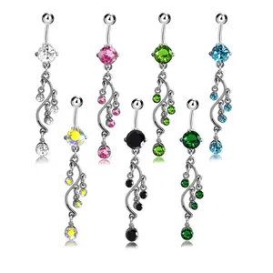 Stainless Steel S Shape Crystal Diamond Belly Button Ring Fashion Hanging Rhinestone Spray Navel Ring