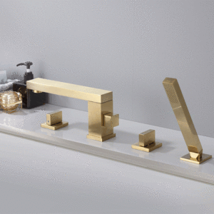 Set Completo per <span class=keywords><strong>Vasca</strong></span> da Bagno <span class=keywords><strong>in</strong></span> Rame con Beccuccio Allungato, Miscelatore Freddo e Caldo, Quattro Fori, Quattro Pezzi, Oro con Rubinetto <span class=keywords><strong>Doccia</strong></span> - Product Image 2