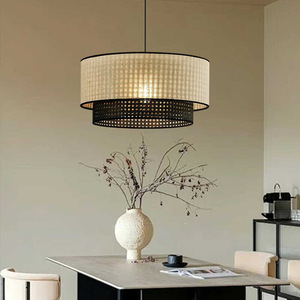 Japanese Wabi Sabi Style Raffia Pendant <b>Light</b> Round Black E27 Chandelier For <b>Dining</b> Living Bedroom Study - Product Image 1