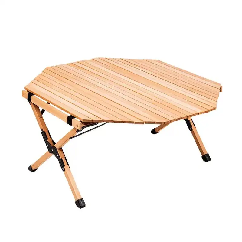 Acampar al aire libre de madera octogonal rollos de pollo Mesa barbacoa selva mesa de madera maciza puesto de picnic mesa plegable