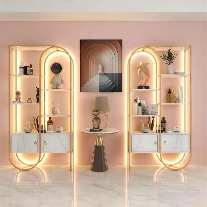 Wood Cosmetics Display Shelf with Light Beauty Brand Chain Store Makeup Shops Display Cabinet