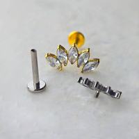 Титановый пирсинг F136 G23 с 5 маркизными фианитами, с внутренней резьбой, плоская задняя часть, для губ, ушей, носа, свадебный подарок