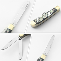 Couteau de poche pliant EDC à 2 lames pour l'extérieur, lames en acier 5Cr, couteau de survie pour le camping avec poignée en résine d'abalone et coupe-clous