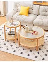 Nouvelle conception nordique moderne, meubles de salon, table basse ronde en verre avec cadre en bois massif et rotin