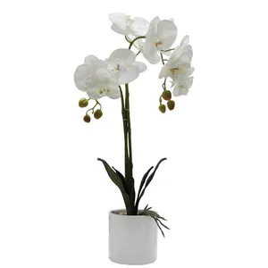 Orquídea artificial flor borboleta de tecido, alta simulação orquídea flor branca com pote de cerâmica