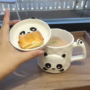黑白新奇陶瓷杯和迷你盘熊猫图案咖啡茶杯儿童早餐牛奶杯和甜点盘