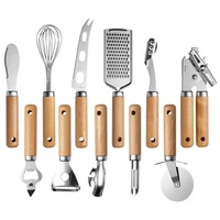 Ustensiles de cuisine, ensemble d'outils de cuisine en acier inoxydable avec manche en bois, éplucheur, ouvre-boîte, roulette à pizza, couteau à fromage, fouet à œufs