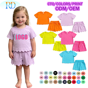 Conjunto Casual de 2 Piezas para Niñas, Camiseta de Manga Corta con Dobladillo Festoneado de Color Sólido y Pantalones Cortos con Cordón, <span class=keywords><strong>Ropa</strong></span> de Verano para Niños, <span class=keywords><strong>Ropa</strong></span> de Algodón - Product Image 1