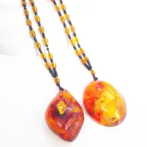 Natural Animal Plant Petrifaction Artificial Long Amber Necklace Waterproof Necklace