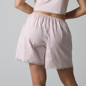 Pantalones Cortos Casuales de Algodón Estilo Americano con Ribete de Lazo, Dobladillo con Botones, Estilo de Tres Botones, Rosa, Azul Claro, Rayado, Elástico - Product Image 6