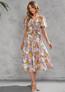 Vestido Casual Elegante de Cintura Ajustada para Mujer, con Estampado Floral de Leopardo y Letras, Cuello en V, Encaje y Largo hasta el Suelo, de Buena Calidad - Product Image 3