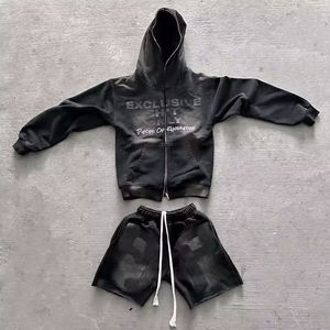 Custom Silicon Printing logo Full <strong>Face</strong> Zip up Hoodie and Short Sets Two Piece Acid Stone Washed Sweatsuit Tracksuits for Men - Product Image 2
