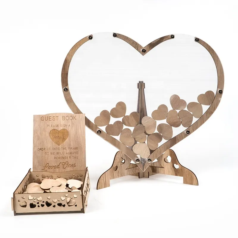 Livre de signe personnalisé de mariage avec cœurs en bois pour décorations de mariage rustiques