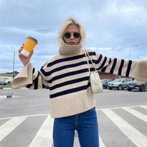 KYM07516 Fall Winter Stripe Loose Women's Sweaters Fashion Turtleneck Split Long Sleeve Pullover Tops Ladies Casual Sweater