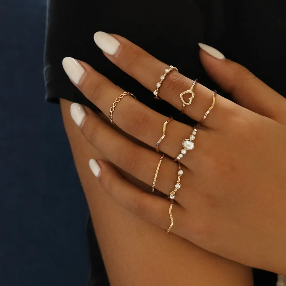 SinDlan venta al por mayor 9 unids/set de oro de cristal de Color de corazón hueco anillos de dedo para las mujeres