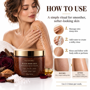 Gommage corporel exfoliant au sucre et au <span class=keywords><strong>sel</strong></span>, enrichi en jojoba, squalane et beurre de karité, parfum Oud Rose Noire, pour application en couches, marque privée OEM/ODM - Product Image 6