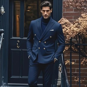 Abito da uomo di lusso personalizzato OEM, taglia XL, per <span class=keywords><strong>sposo</strong></span>, 2 pezzi, giacca e pantalone, <span class=keywords><strong>doppiopetto</strong></span>, con cerniera, stampa piatta, in tessuto pettinato, per matrimonio - Product Image 2