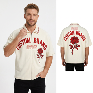 <b>Men</b> Cream Short Sleeve <b>Zip</b> <b>Up</b> <b>Shirt</b> Letter Print Rose Floral Studded Collar Streetwear Top - Product Image 1