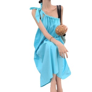One-Shoulder Beach <b>Dress</b> For Women <b>Elastic</b> Waist Solid Color Long Slip <b>Dress</b> Summer Vacation Cover Up Blue And White - Product Image 5