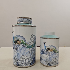 Jarrón de Porcelana y Templo de Diseño Moderno de Lujo Europeo Art Deco con Diseño de Pavo Real para Decoración del Hogar y la Cocina, Blanco y Verde Claro - Product Image 2