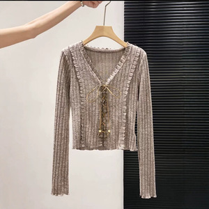 Dalang Factory Women's V-neck Knit Top Full Sleeve Slim Fit Soft Splicing Spring 2026 - Product Image 5