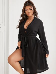 Tùy Chỉnh Cộng Với Kích Thước Của Phụ Nữ Ngủ Dài Tay Áo Loungewear Rắn Belted Áo Phụ Nữ Sang Trọng - Product Image 2