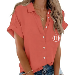 Camicie da <span class=keywords><strong>Donna</strong></span> in Cotone e Lino con Bottoni, Colletto a Risvolto, Top Comodi Tinta Unita, Manica Corta con Tasca, Rosso Blu - Product Image 1