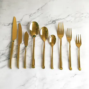 Contemporary and Modern Wave Cutlery Golden Utensils 5 Piece Service for 1 Stainless Steel Gold Wedding Rental Flatware Sets