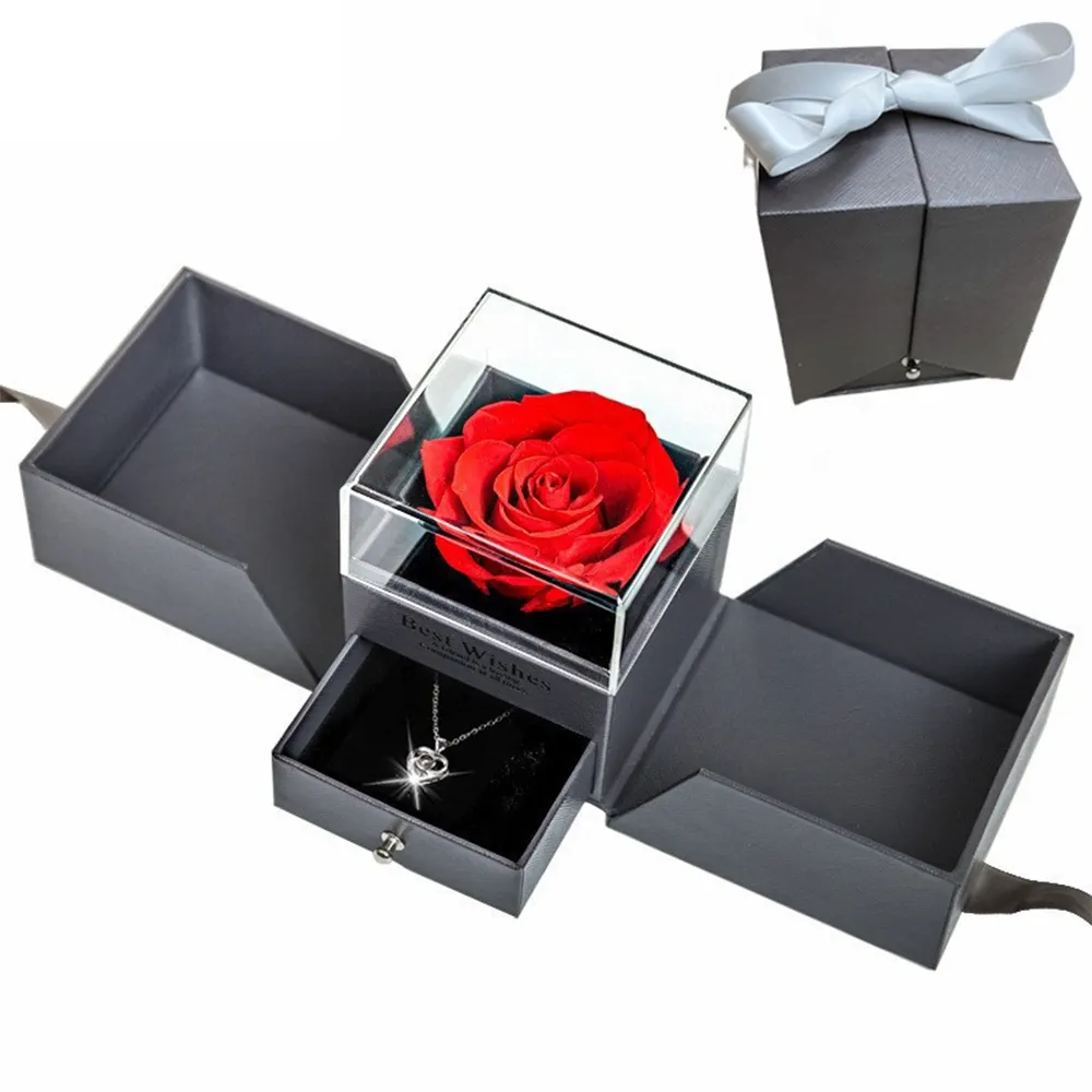 Valentine'S Day Gifts Eternal Rose Acrylic Jewelry Boxes With Logo Wholesale Eternal Flower Box Set Packaging For Floral Gift