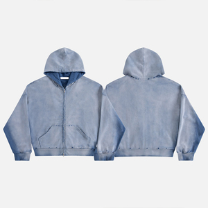 เสื้อฮู้ดดี้ทรงโอเวอร์ไซส์แบบซิป ยี่ห้อ KingSen OEM สำหรับผู้ชาย ลวดลายปัก ล้างสีแบบ Acid Wash ผ้า French Terry 100% Cotton สไตล์สตรีทแวร์ แบบทำเก่า - Product Image 5