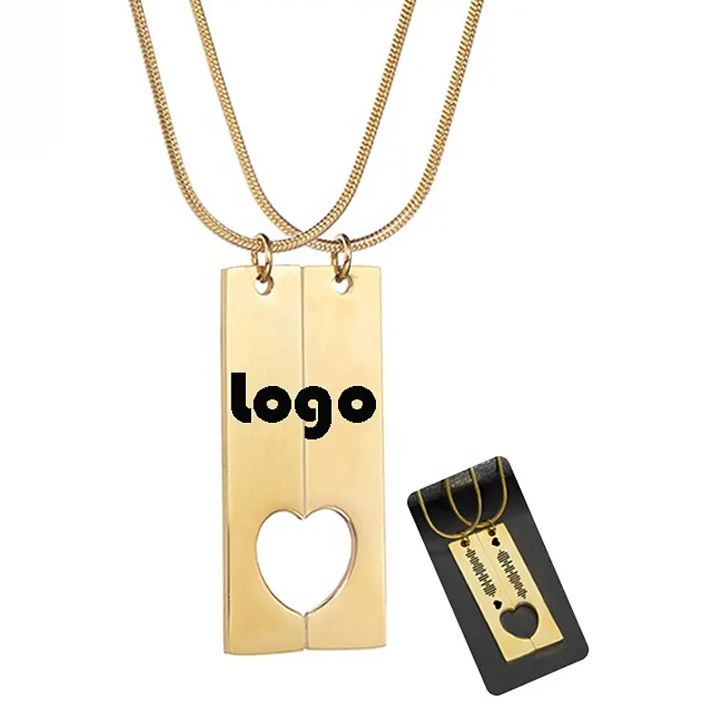 DIY Stainless Steel Rectangular Left and Right Hollow Half Love Tags Pendant Necklace 202 Couple Necklace Can Be Customized Logo