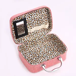 New women's hand-held makeup bag Square zipper makeup storage box Stone pattern makeup case with mirror