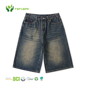 Tissu durable bleu clair Denim court Jorts quotidien été Baggy longue longueur pantalon à jambes larges Vintage Y2K taille moyenne lavé 100% - Product Image 1