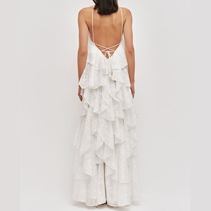 Robe longue maxi personnalisée pour femme, sexy, à volants superposés floraux, brodée, sans manches, coupe ample, col licou - Product Image 2