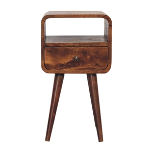 Solid Wood Mini Curve Bedside 1 Drawer 1 Open Slot <b>Chestnut</b> Brown Nightstand Bedroom Storage - Product Image 2