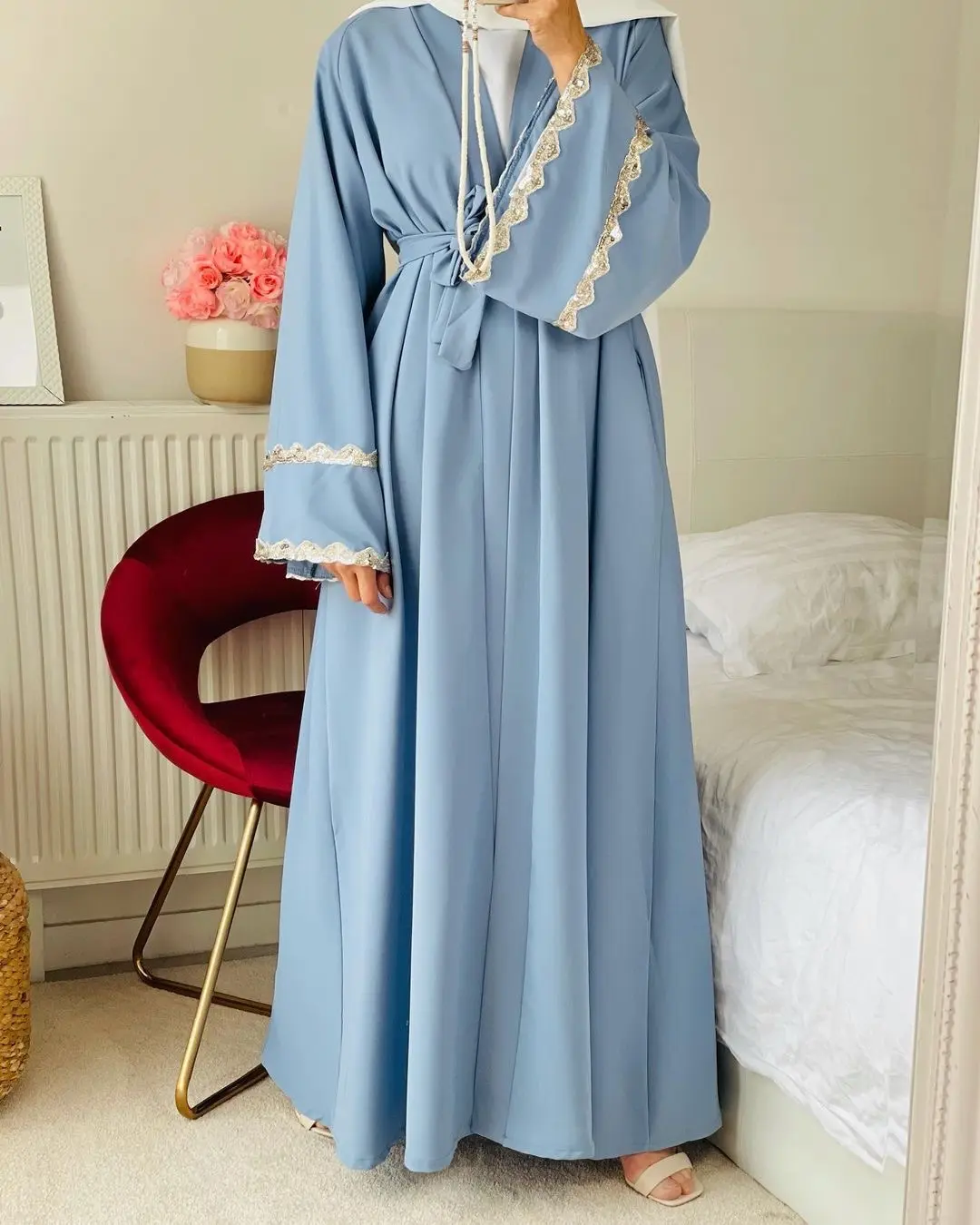 Vestido largo musulmán con encaje para mujer, vestido largo con cinturón de Dubái, ropa islámica