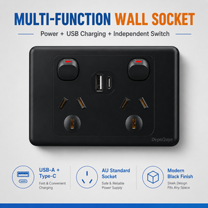 Interrupteur mural noir standard australien 10A 6 prises 1-5 gang avec interrupteur d'éclairage et prise USB Type C AU - Product Image 2