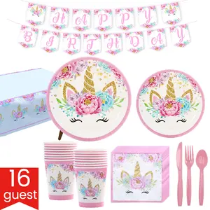 Nuevo conjunto de fiesta de cumpleaños de unicornio, accesorios decorativos, platos, toallas, tazas, suministros de cumpleaños para niños