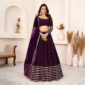 Ensemble Lehenga Choli pour femmes en Georgette, dentelle Zari, sequins et broderies à pois, tissé, longueur ras du sol, tenue de mariage ethnique - Product Image 1