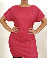Robe courte à sequins rose pour femmes grandes tailles - Robe moulante brillante à col rond pour soirée cocktail