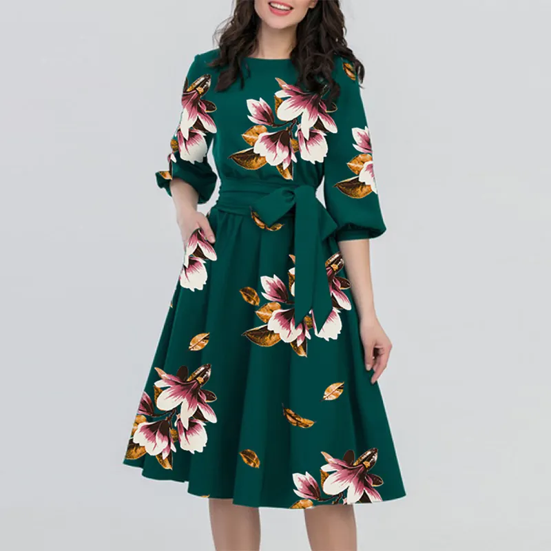 Plus Size Fall Winter Women's Casual Printed Long Sleeves Round Neck Slim Fit Dress with Belt Flower Print Casual Dress