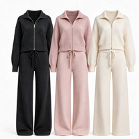 Ensemble deux pièces sur mesure pour femme, col zippé, tricot perlé, coupe oversize, jambes larges, élégant, fabricant OEM ODM