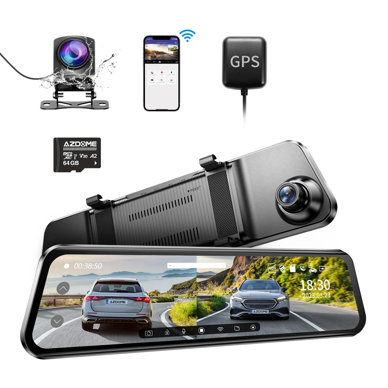 AZDOME PG17 11.26 pollici doppia lente specchio Streaming Auto Dash Cam DVR Camera 2K Auto videoregistratore con 1080P telecamera posteriore