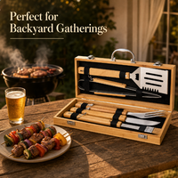 Ensemble d'outils de barbecue en bambou 5 pièces : spatule, pince, fourchette, couteau, brosse avec boîte en bois à charnières pour le camping et la grillade