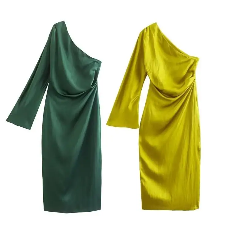 2022 summer new European and American style fashion solid color asymmetric silk satin texture PB&ZA dress