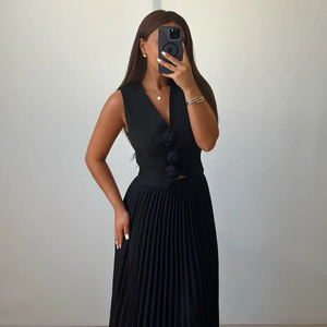 Abito Casual aderente da donna vestito a fiori per la decorazione con bottoni di breve durata estiva tinta unita tinta unita tinta unita in tinta unita - Product Image 4